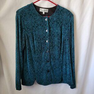 Vtg Ronni Nicole II Sport 1X Plus Blouse Tapestry shoulder pads turquoise EUC